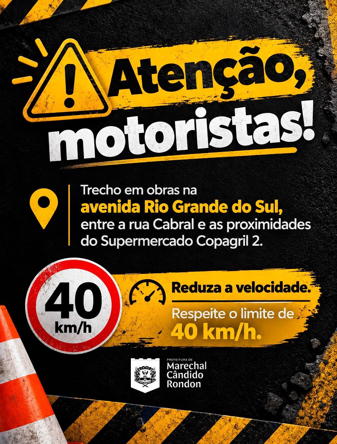 Motoristas são orientados a reduzir a velocidade em trecho em obras na avenida Rio Grande do Sul