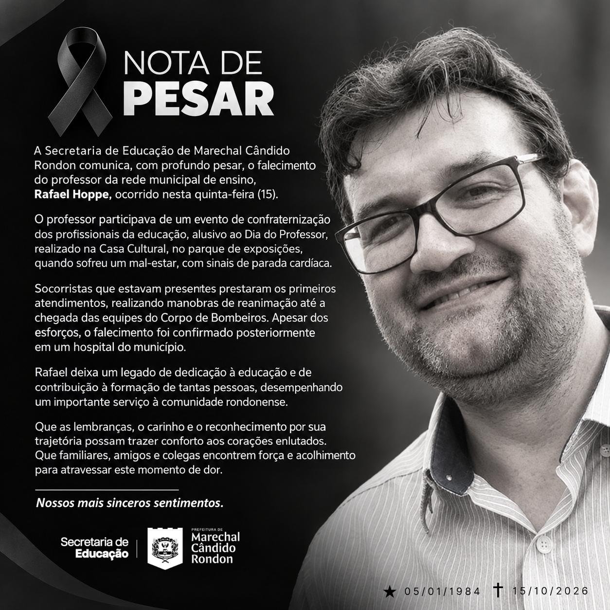 Marechal Cândido Rondon: Professor Rafael Hoppe morre após passar mal durante evento da educação