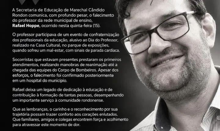 Marechal Cândido Rondon: Professor Rafael Hoppe morre após passar mal durante evento da educação